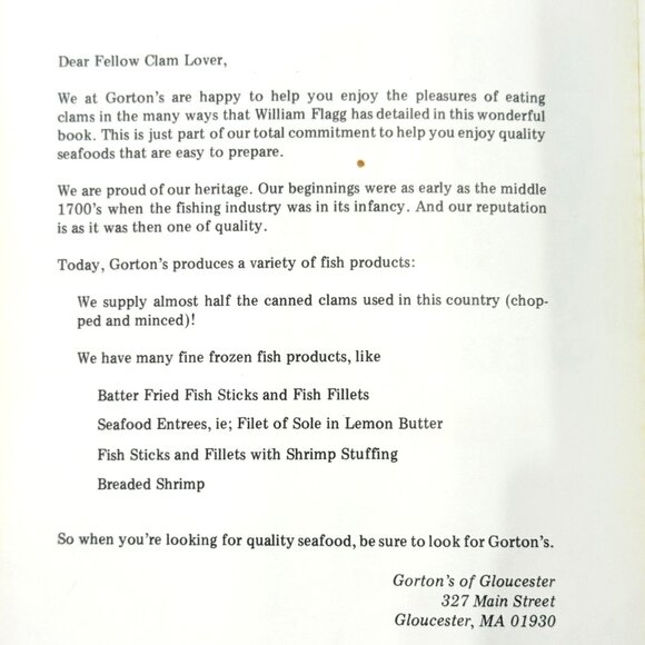 Vintage Gorton's The Clam Lovers Cookbook By William Flagg - 3rd Ed. Softcover - Picture 2 of 6